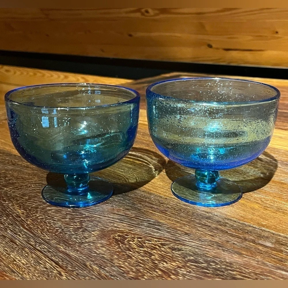 Set of 2 VTG Cobalt Blue Hand Blown Footed Bubble Glass Dessert Bowls Art Glass
